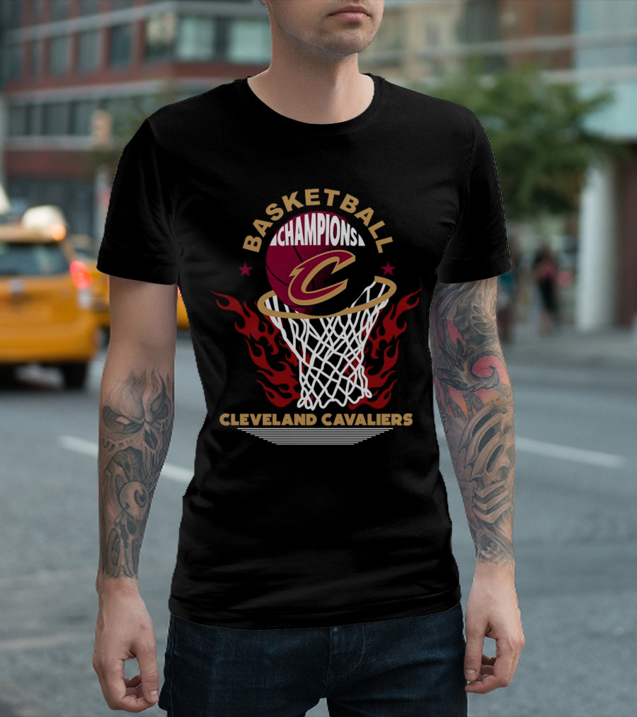 Cleveland Cavaliers Basketball Champions with Flaming Hoop and Ball T-Shirt