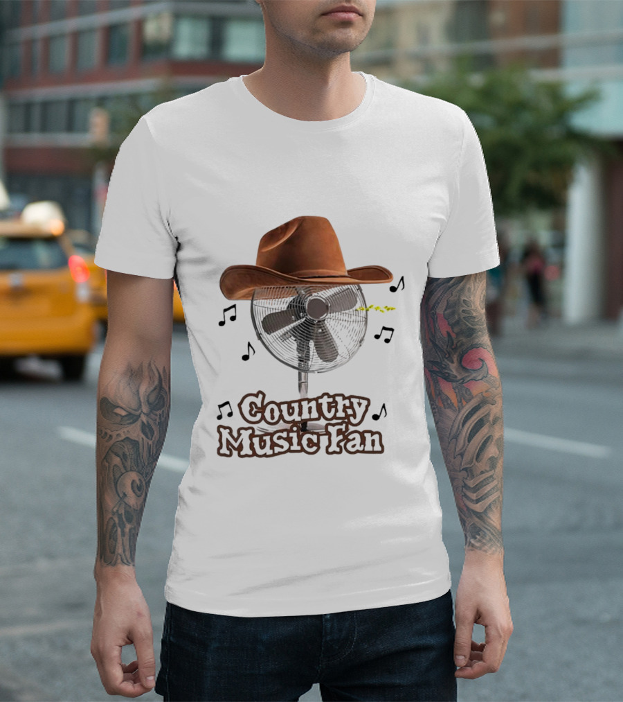 Cowboy Hat and Musical Notes on Fan Featuring Country Music Fan T-Shirt