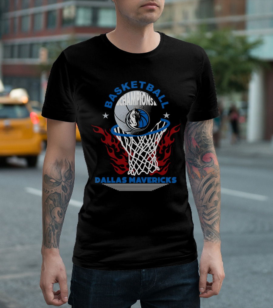 Basketball Champions Dallas Mavericks Logo In Flaming Hoop T-Shirt
