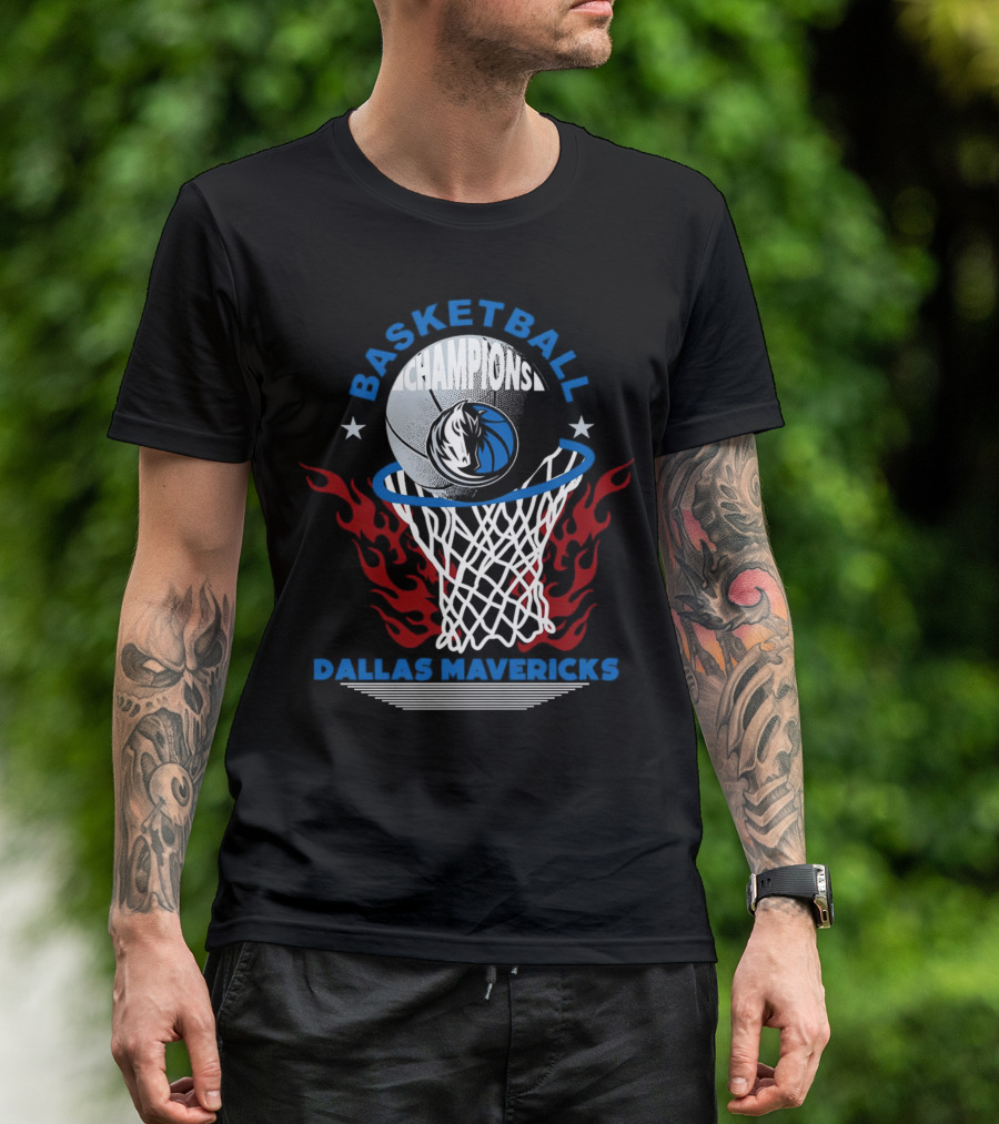 Basketball Champions Dallas Mavericks Logo In Flaming Hoop T-Shirt