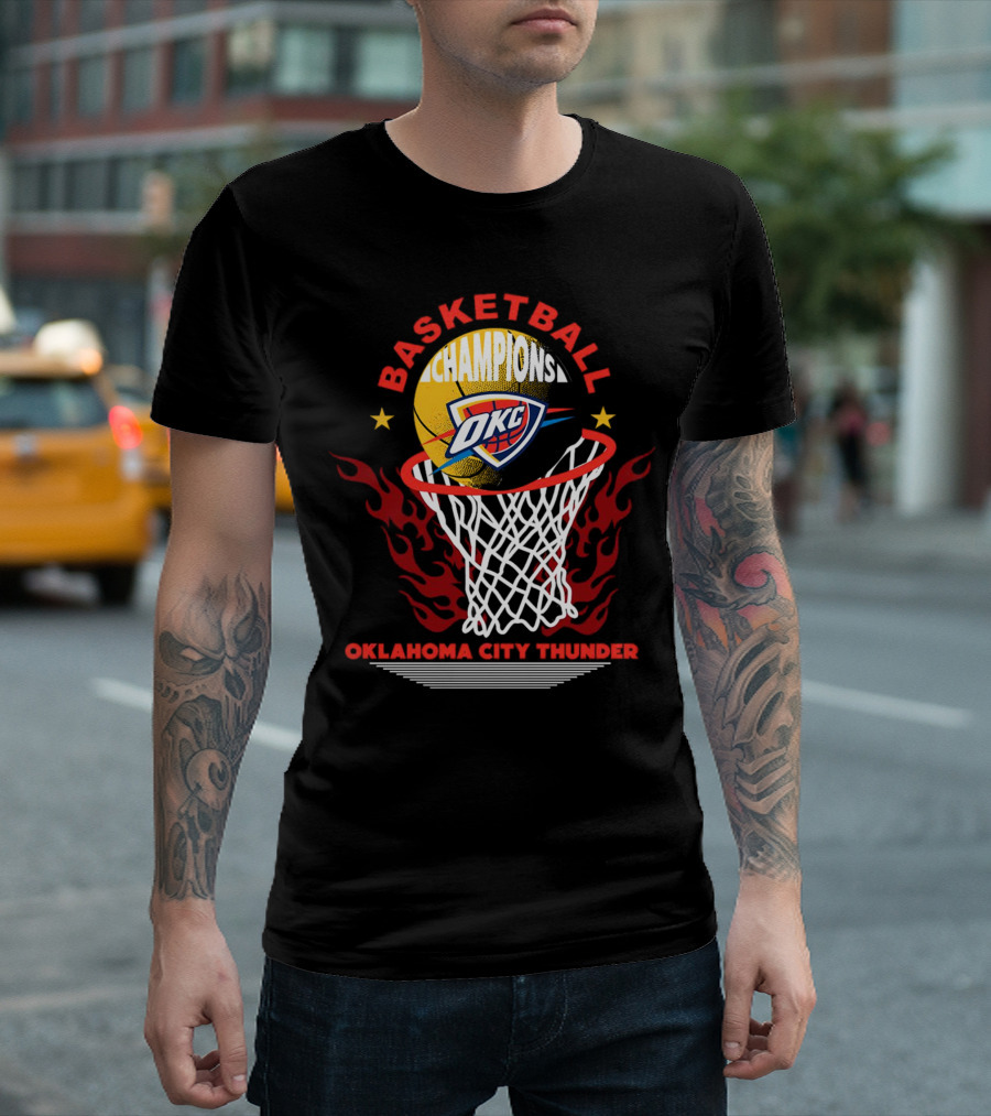Oklahoma City Thunder Basketball Champions OKC Logo Basketball Hoop Flames T-Shirt