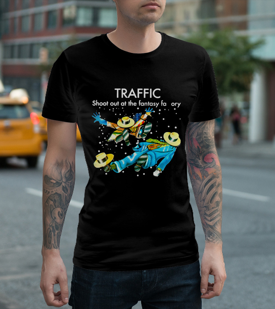 TRAFFIC Shoot Out at the Fantasy Factory with Flying Figures and Hats T-Shirt