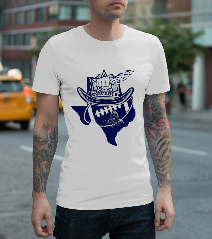 Texas Cowboys Star Hat Fist Football Map T-Shirt