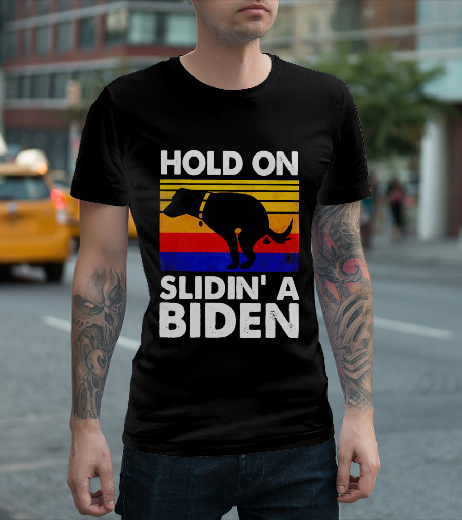 Hold On Slidin' a Biden Vintage Dog Silhouette with Retro Stripes T-Shirt