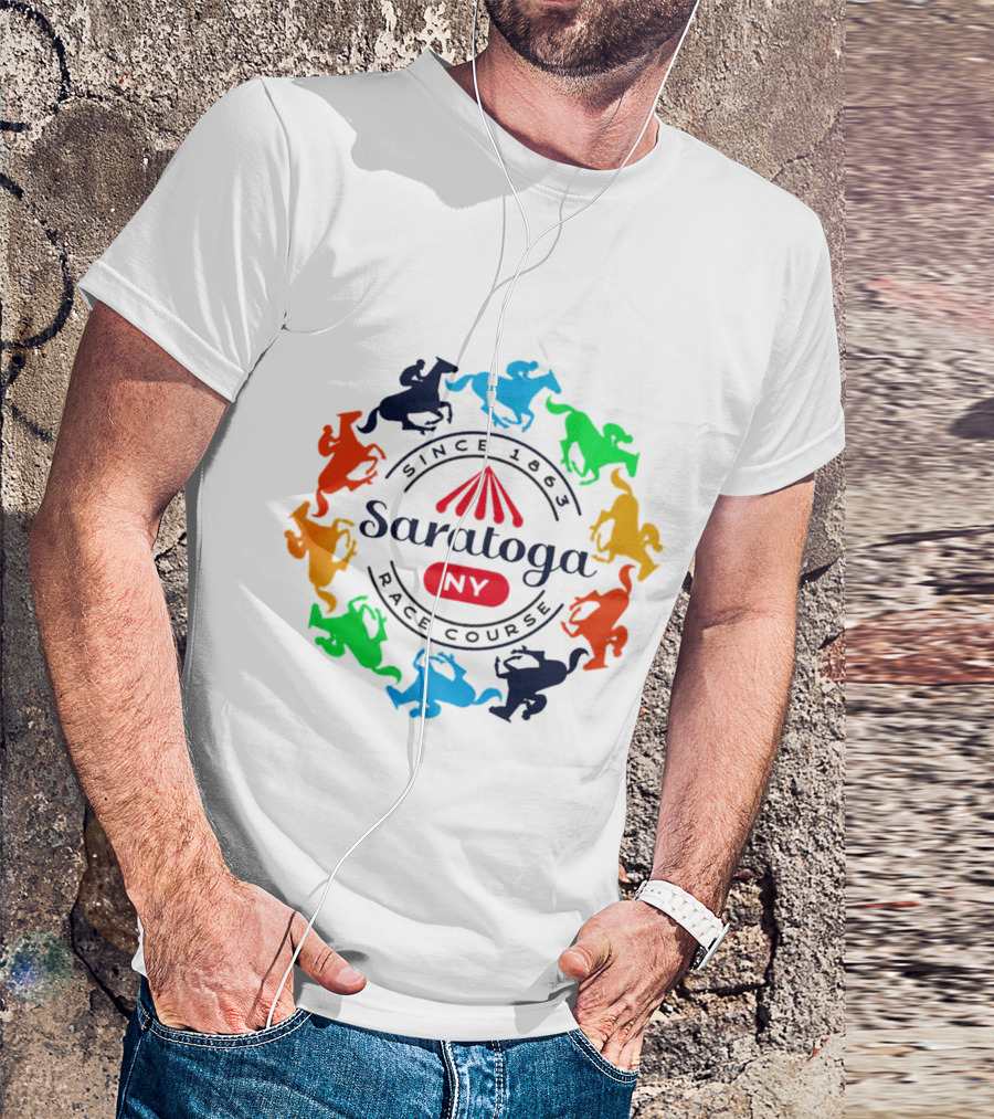 Saratoga NY Race Course Since 1863 Colorful Jockeying Nyra Authentics T-Shirt