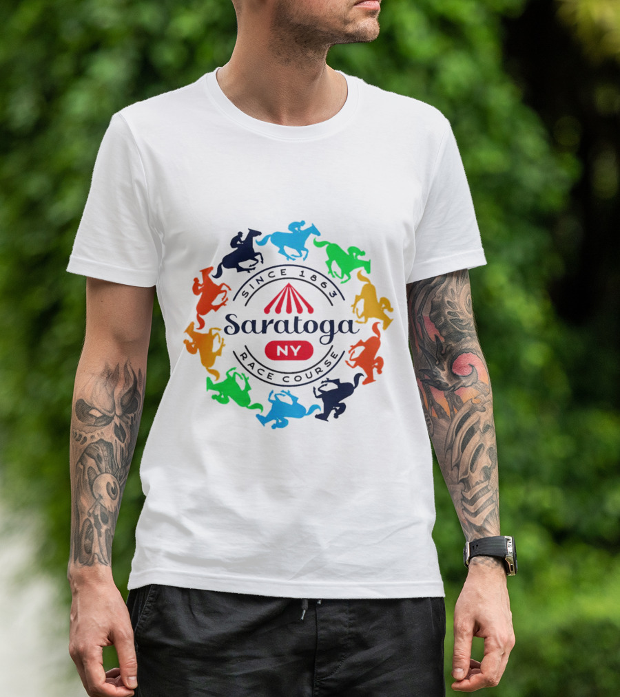 Saratoga NY Race Course Since 1863 Colorful Jockeying Nyra Authentics T-Shirt
