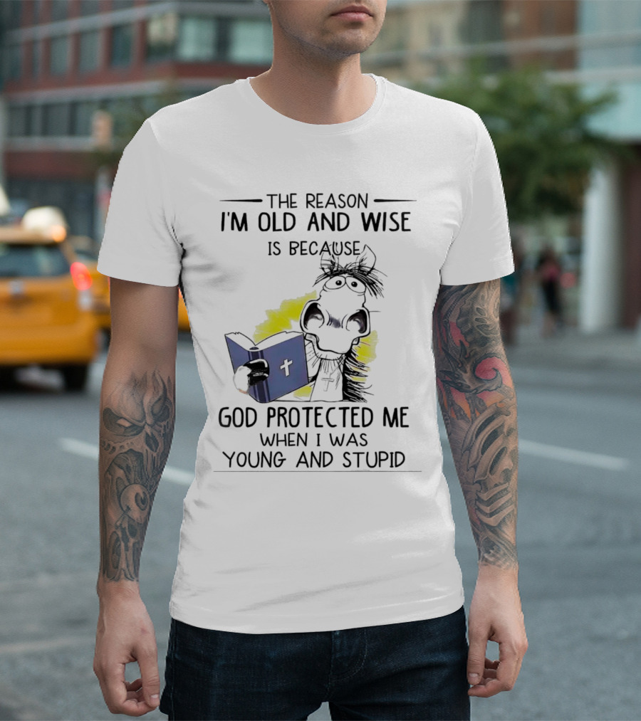 The Reason I'm Old And Wise Is Because God Protected Me When I Was Young And Stupid Cow Cartoon Reading Bible T-Shirt