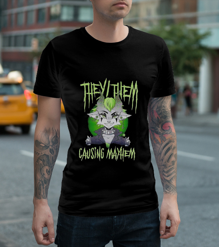 They Them Causing Mayhem Punk Monster Character with Green Hair and Spikes T-Shirt