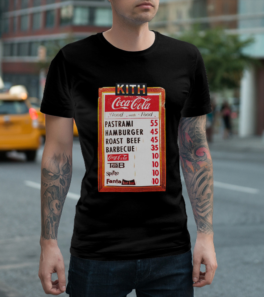 Kith Coca Cola Good with Food Vintage Menu Pastrami Hamburger Roast Beef Barbecue TaB Sprite Fanta Root Beer T-Shirt