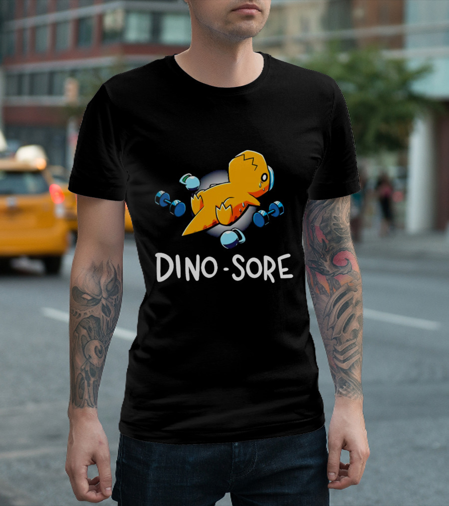 Elspeth Eastman Dino Sore Cute Tired Dinosaur with Weights T-Shirt