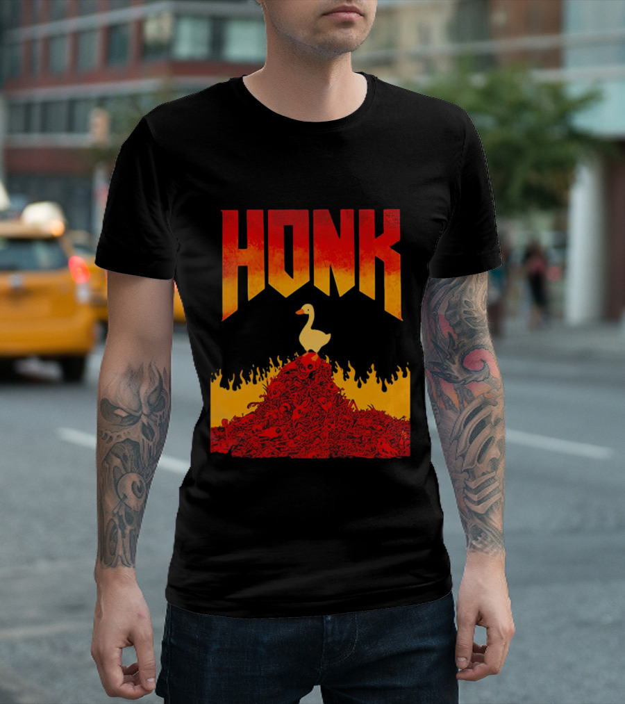 Honk Goose on Fiery Doom Inspired Mountain T-Shirt