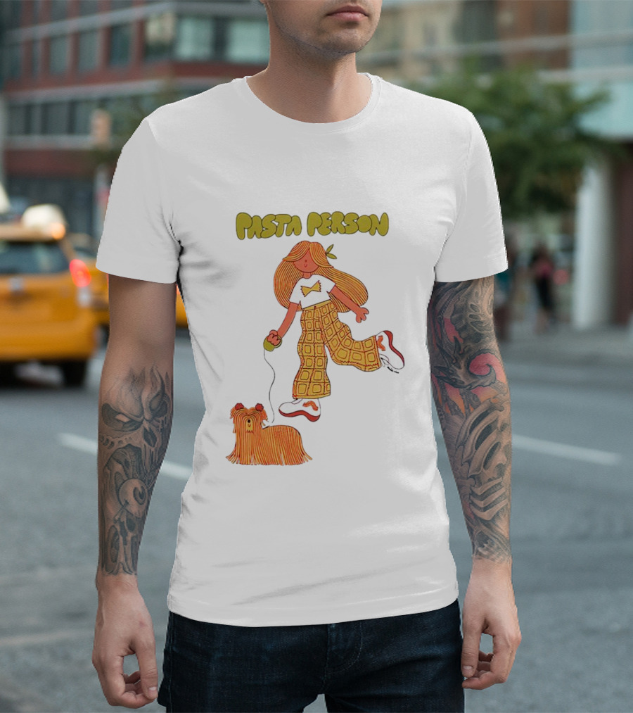 Pasta Person Walking Dog in Checkered Pants and White Sneakers T-Shirt