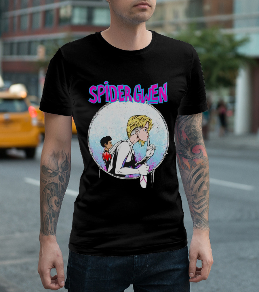 Spider-Gwen Silence Gesture With Spider Emblem Background T-Shirt
