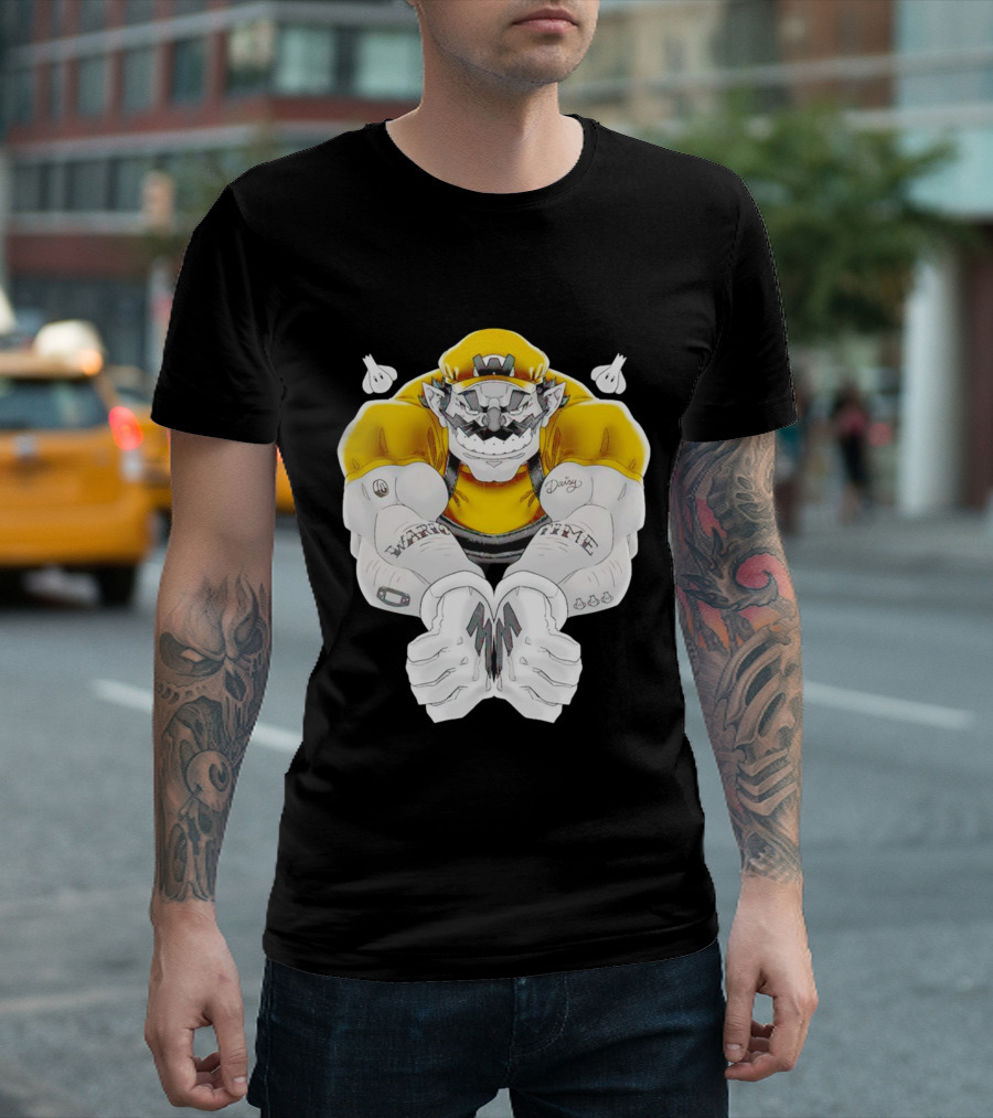 Wario Time Mario Daisy Tattoo With Yellow Cap And Muscle Pose T-Shirt