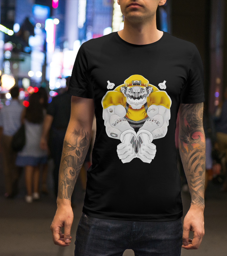 Wario Time Mario Daisy Tattoo With Yellow Cap And Muscle Pose T-Shirt