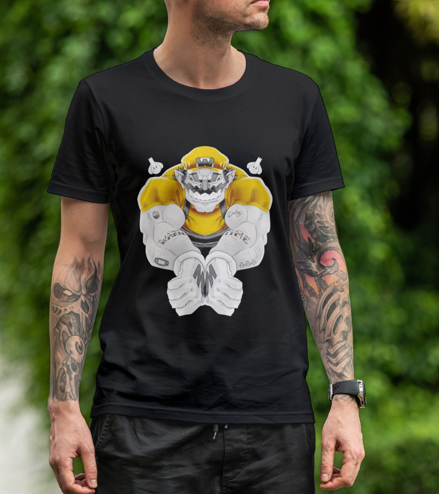 Wario Time Mario Daisy Tattoo With Yellow Cap And Muscle Pose T-Shirt