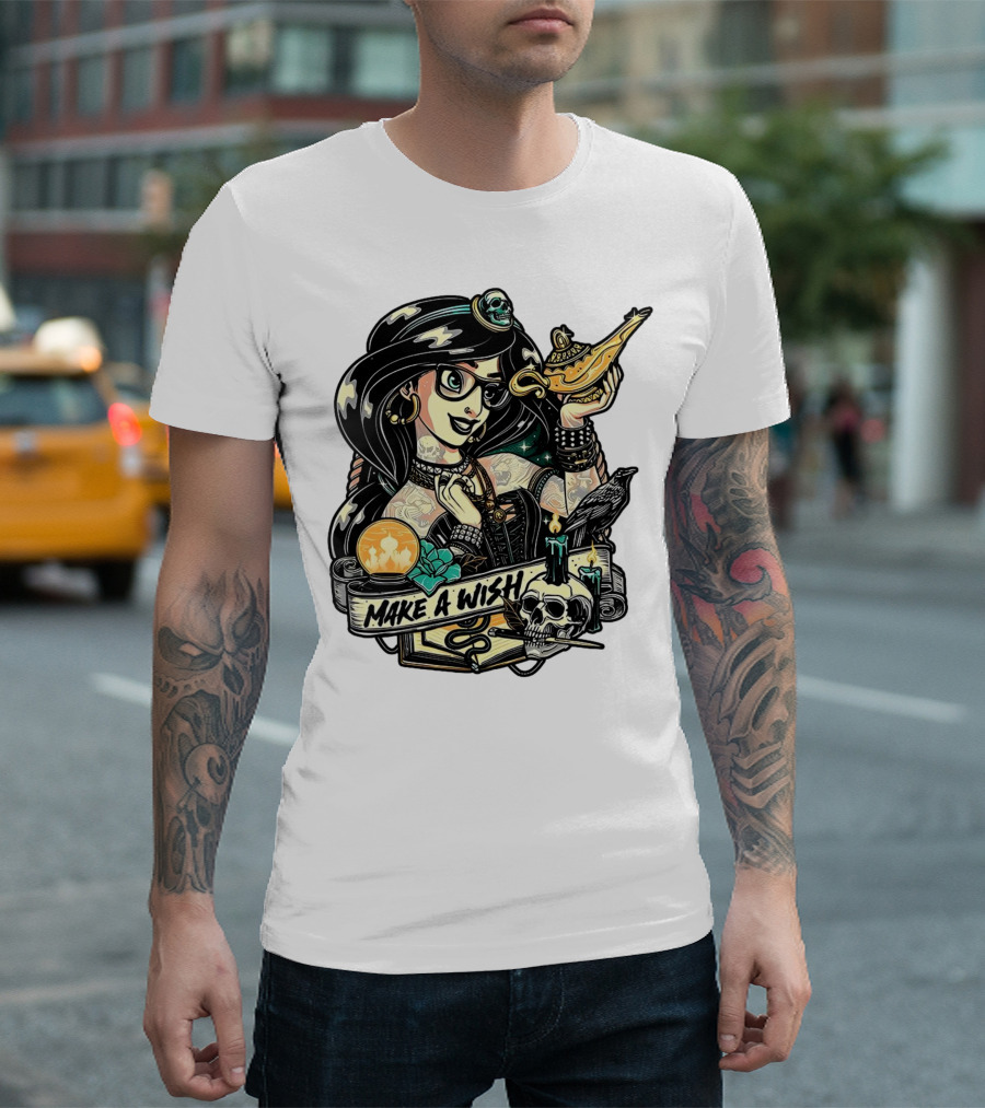Jasmine Princess Aladdin Make a Wish Tattoo Style with Skull and Lamp T-Shirt