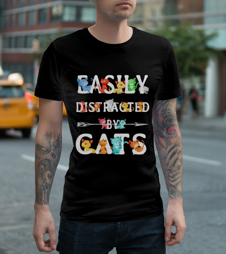 Easily Distracted by Cats Colorful Cartoon Kittens T-Shirt