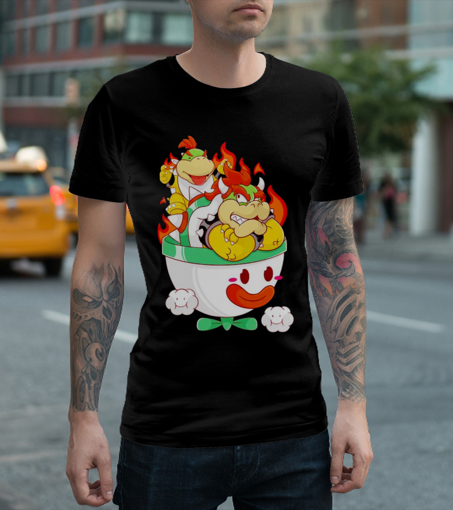 Bowser and Bowser Jr. Father and Son in Clown Car with Flames T-Shirt