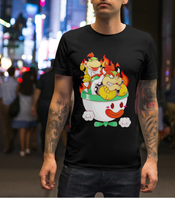 Bowser And Bowser Jr. Father And Son In Clown Car With Flames T-Shirt