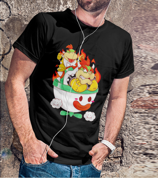 Bowser And Bowser Jr. Father And Son In Clown Car With Flames T-Shirt