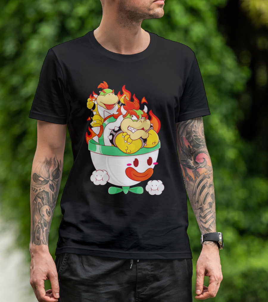 Bowser And Bowser Jr. Father And Son In Clown Car With Flames T-Shirt