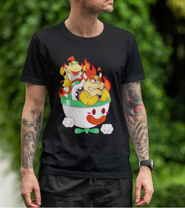 Bowser And Bowser Jr. Father And Son In Clown Car With Flames T-Shirt
