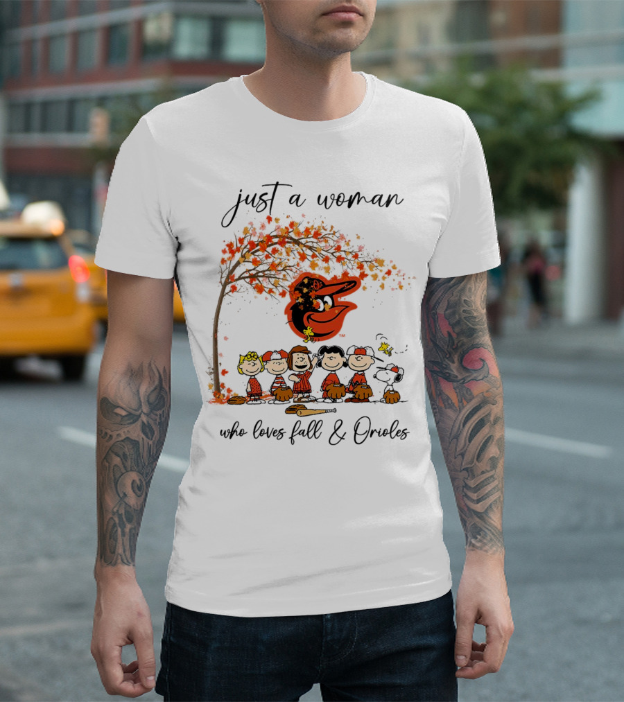 Just a Woman Who Loves Fall and Orioles Peanuts Football Thanksgiving T-Shirt