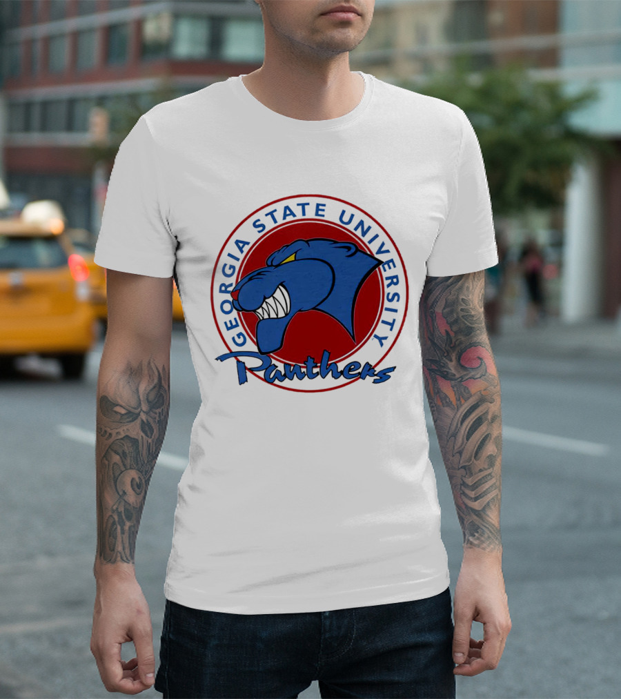 Georgia State University Panthers Blue Panther Head on Red Circle T-Shirt