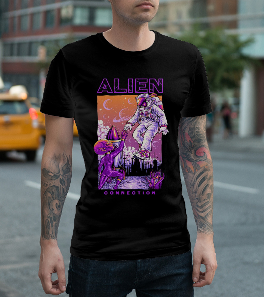 Alien and Astronaut Universal Bond Under Neon Cosmic Sky T-Shirt