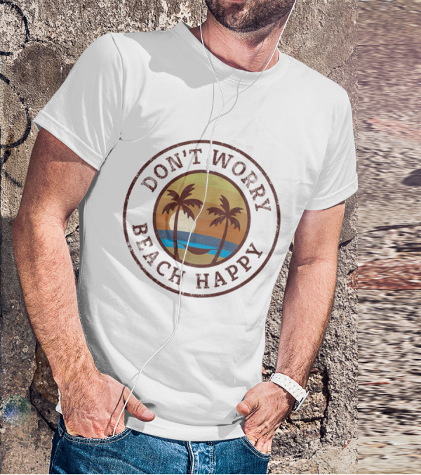 Don’t Worry Beach Happy Palm Trees Sunset Hammock Retro Circle T-Shirt