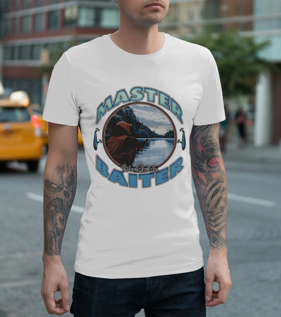 Master Baiter Worldwide Fishing Scene With Blue Text And Water Reflection T-Shirt
