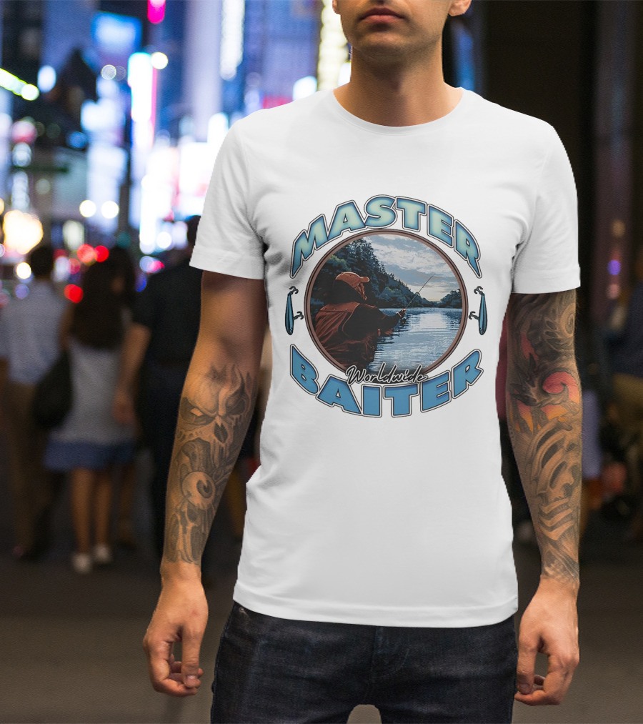 Master Baiter Worldwide Fishing Scene With Blue Text And Water Reflection T-Shirt