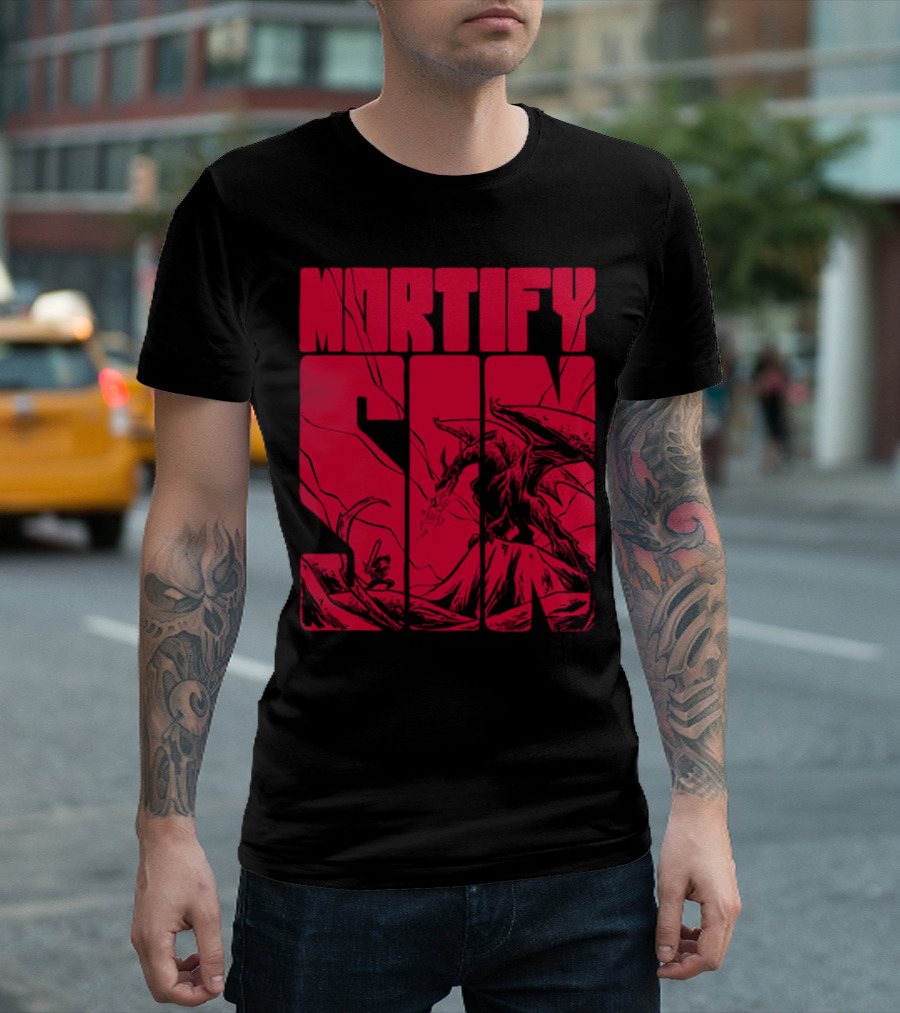 MORTIFY SIN Dark Battle with Fiery Behemoth T-Shirt