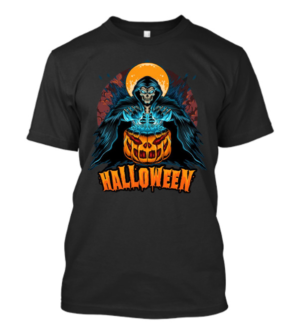 Grim Reaper With Pumpkin And Full Moon Halloween T-Shirt