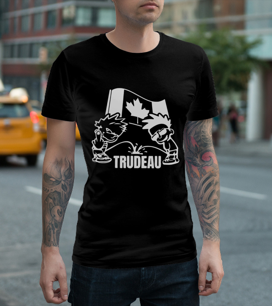 Trudeau Cartoon Characters with Middle Finger and Canadian Flag T-Shirt