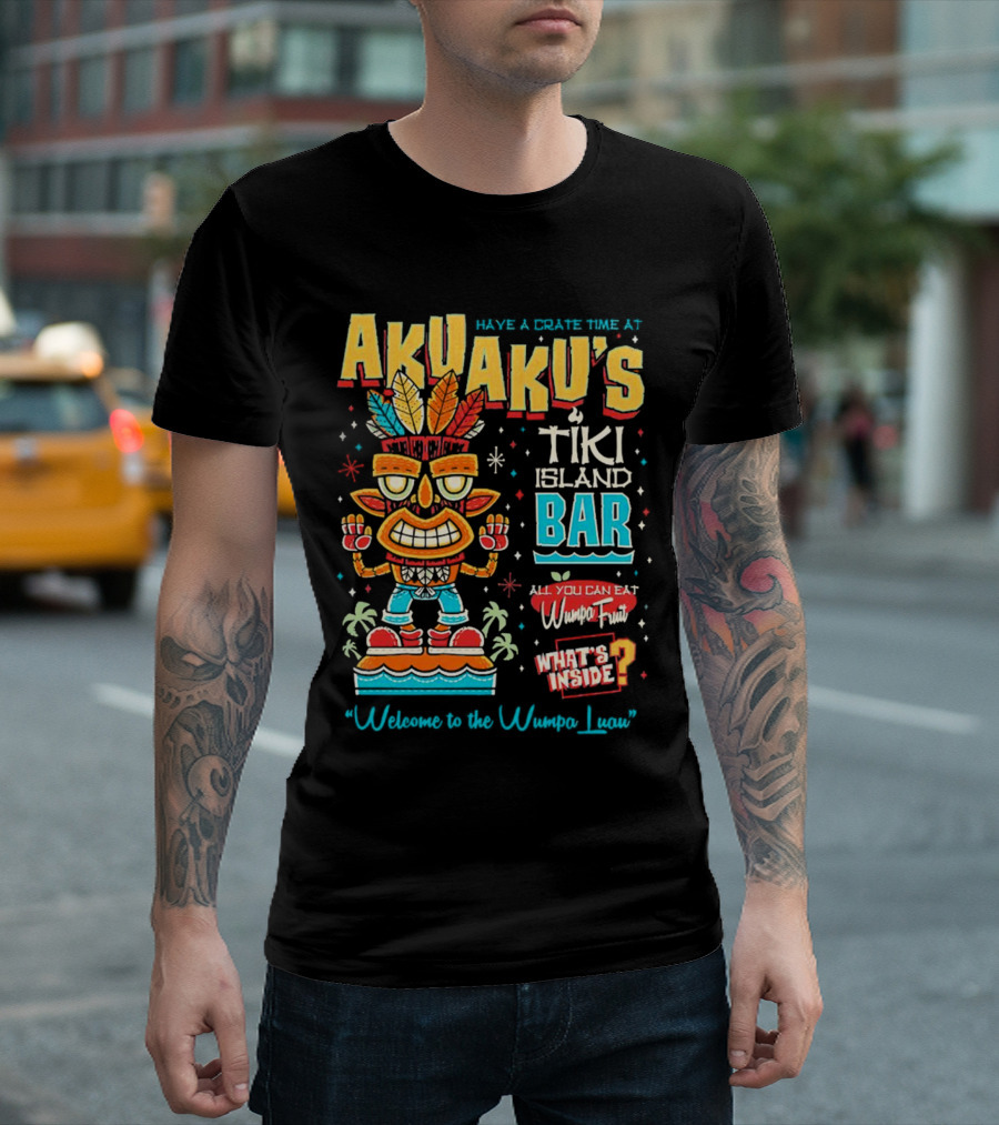 Aku Aku's Tiki Island Bar Wumpa Fruit Welcome to the Wumpa Luau Have a Crate Time What's Inside? T-Shirt