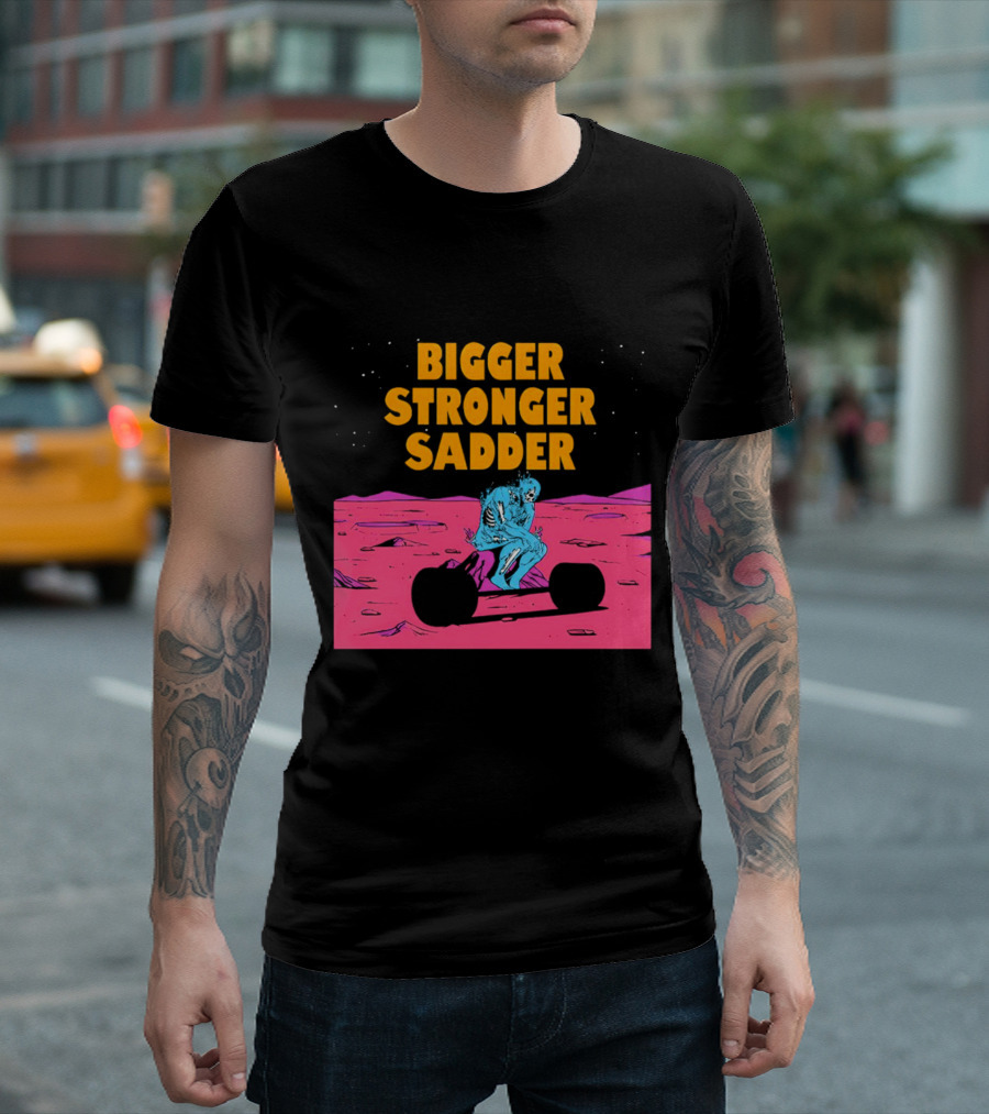 Bigger Stronger Sadder Skeleton Lifting Weights on Alien Planet T-Shirt