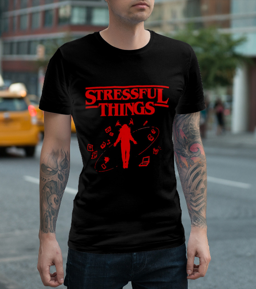 Stressful Things Floating Person with Scribbles and Electronics T-Shirt