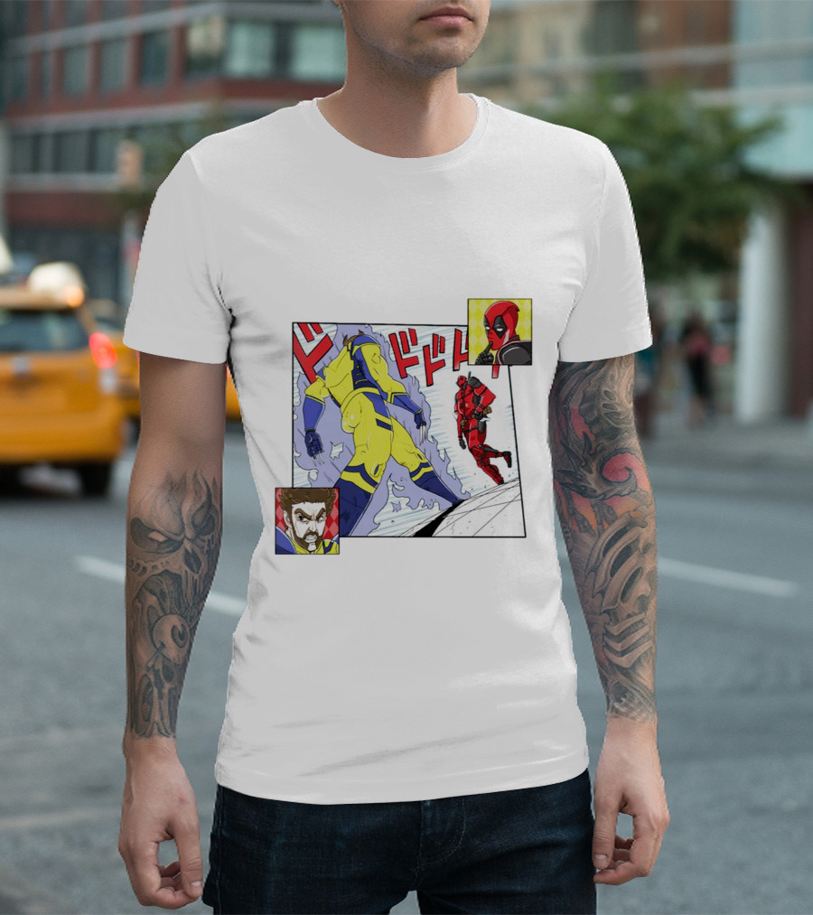 Intimate Enemies Deadpool Confrontation With Wolverine Comic Style Panel T-Shirt