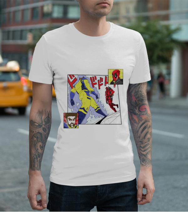 Intimate Enemies Deadpool Confrontation With Wolverine Comic Style Panel T-Shirt