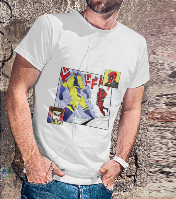 Intimate Enemies Deadpool Confrontation With Wolverine Comic Style Panel T-Shirt