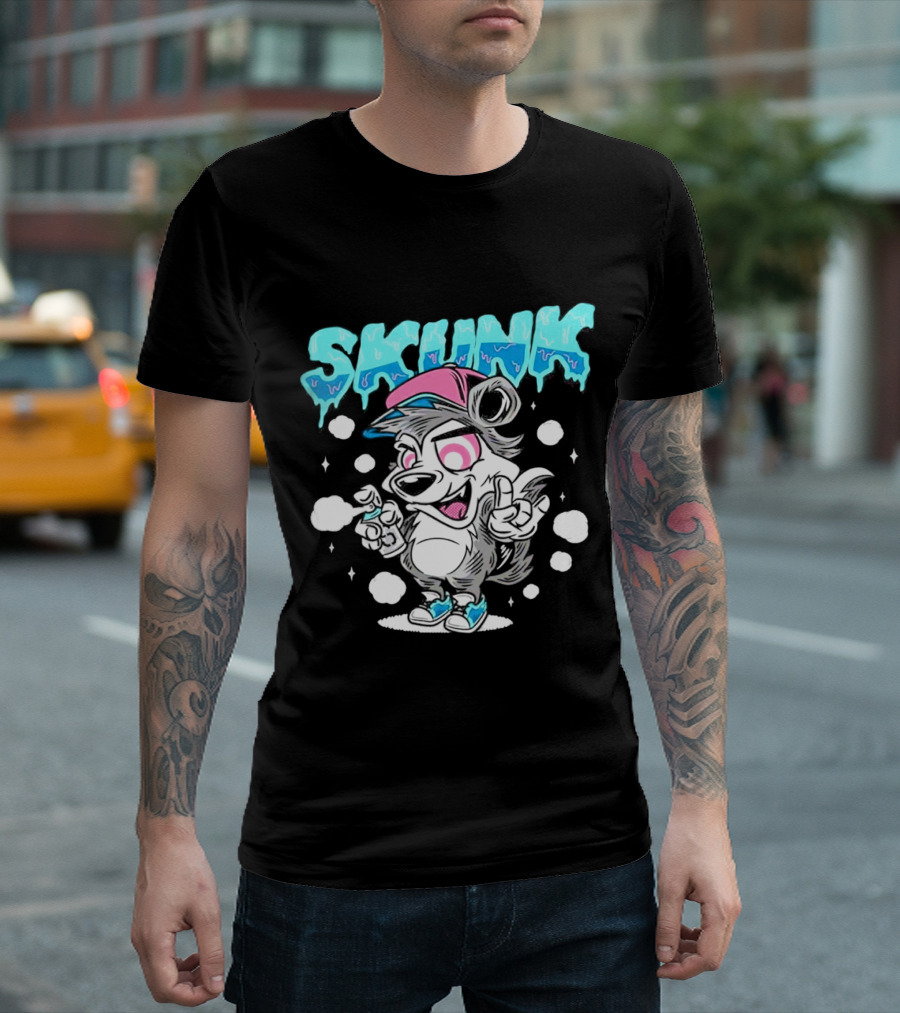 Skunk Grafiti Cartoon Hip Hop Character with Cap and Spray Paint T-Shirt