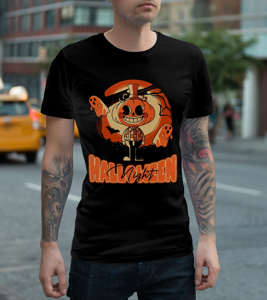 Halloween Night Pumpkin Head Boy with Ghosts and Bats T-Shirt