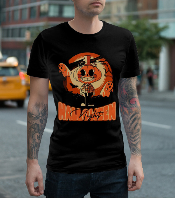 Halloween Night Pumpkin Head Boy With Ghosts And Bats T-Shirt