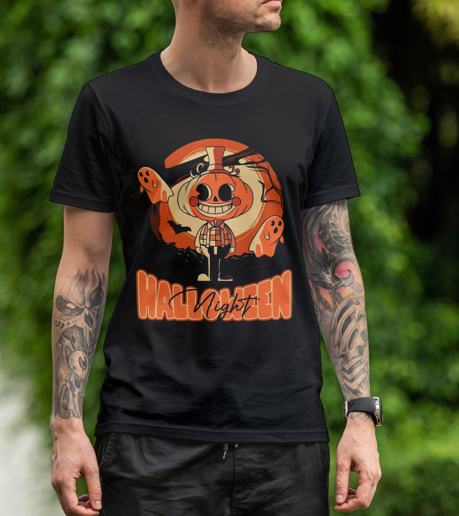 Halloween Night Pumpkin Head Boy With Ghosts And Bats T-Shirt