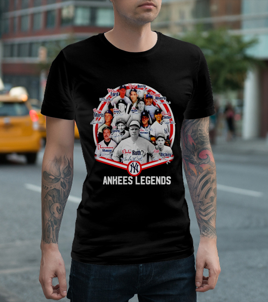 NEW Yankees Legends Babe Ruth Mickey Mantle Derek Jeter Rivera Berra Gehrig Signature T-Shirt