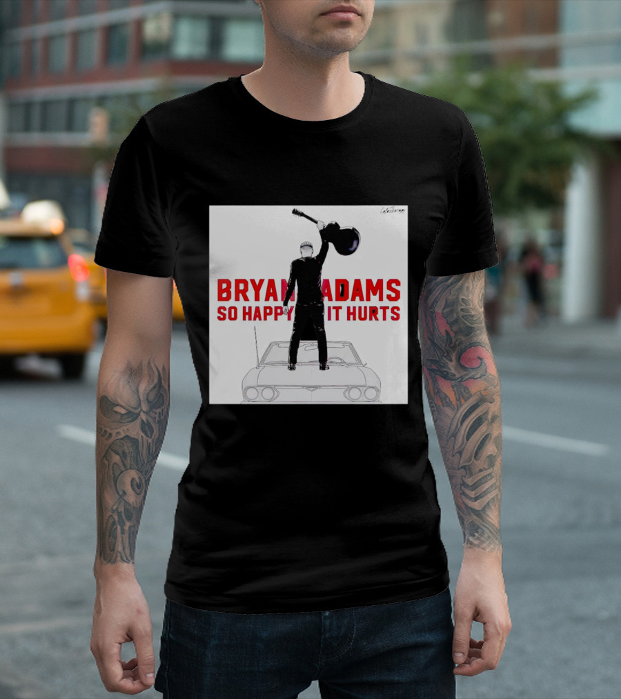 Bryan Adams So Happy It Hurts Album Cover Art Standing on Car with Guitar T-Shirt