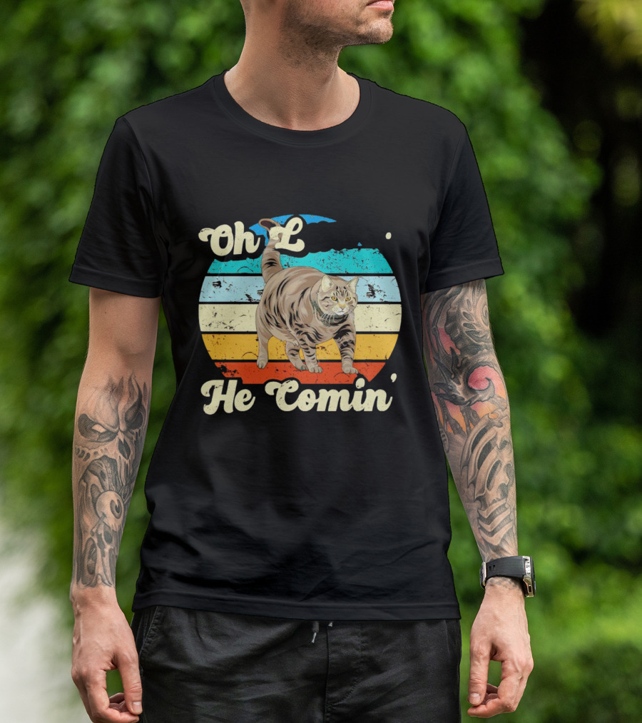 Oh Lawd He Comin Vintage Cat Retro Stripes T-Shirt