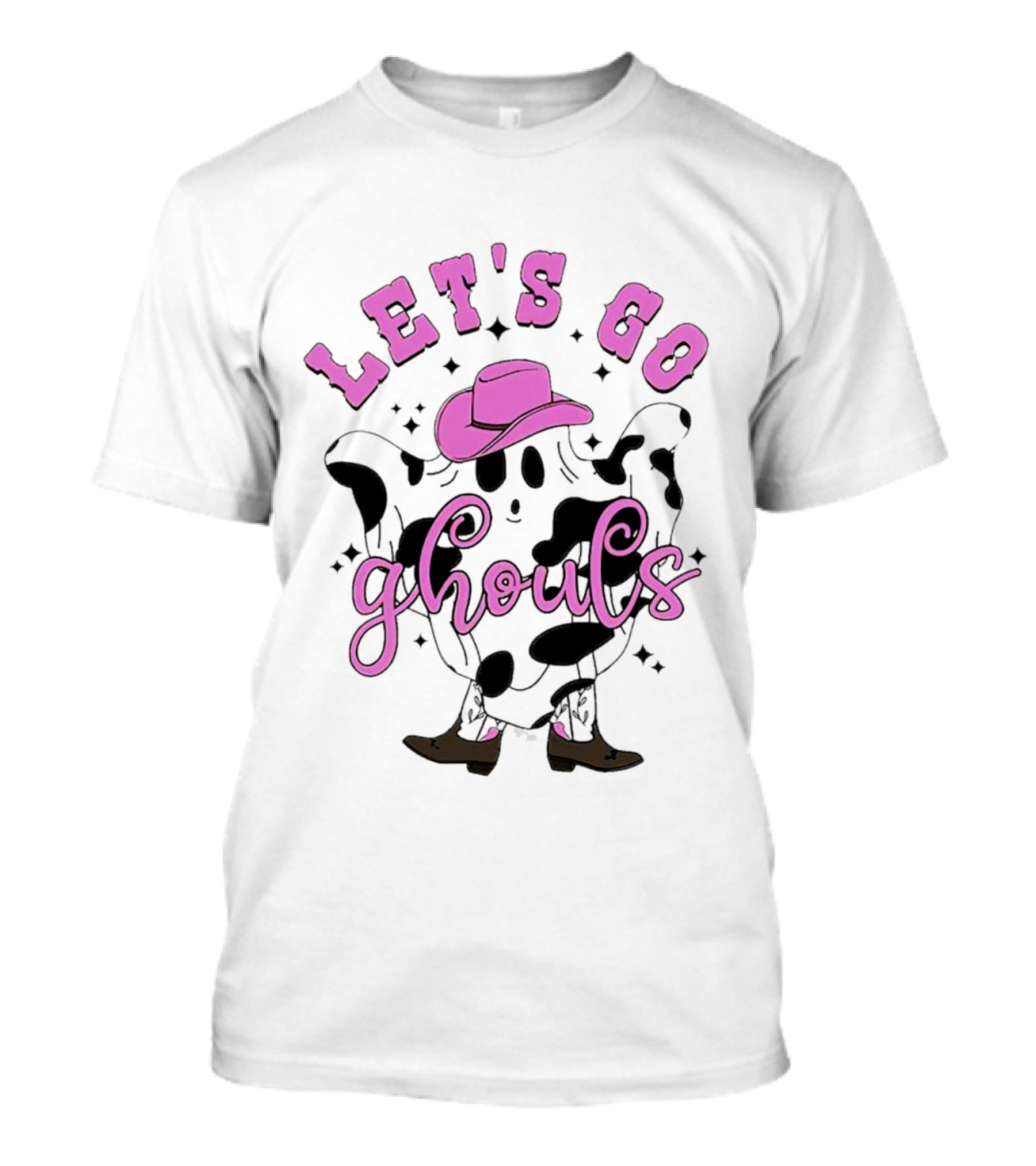 Let's Go Ghouls Halloween Cowboy Ghost With Pink Hat And Boots T-Shirt